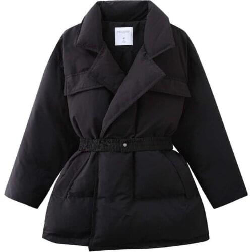 Suit collar waist down jacket with belt fashion black excellent multi-pocket warm white duck down jacket