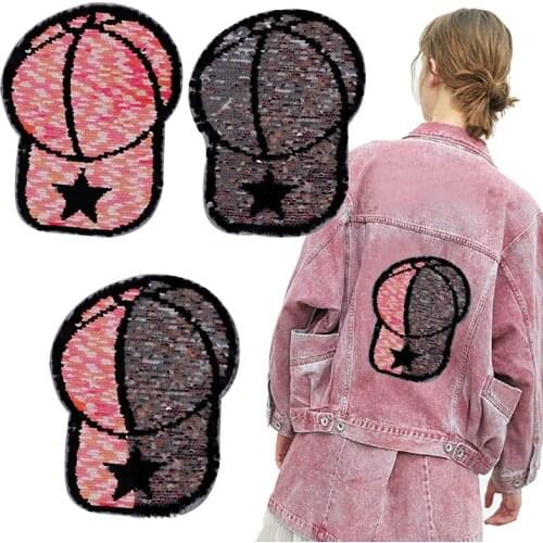 Pink Hat Patches Reversible Change Color Magic Star Sequins Patch Jacket DIY Dress Kid Clothing Applique 3D Diy Stickers