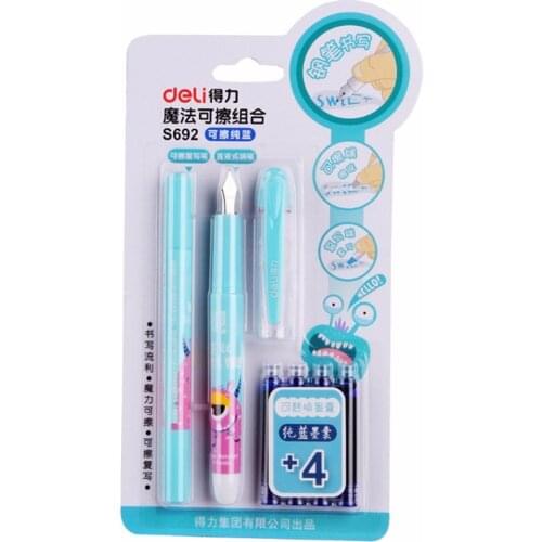 Deli Candy Color Calligraphy Fountain Pen Blue Ink Set Copy Erasable Pen Writing Student Stationery Store School Office Supplies
