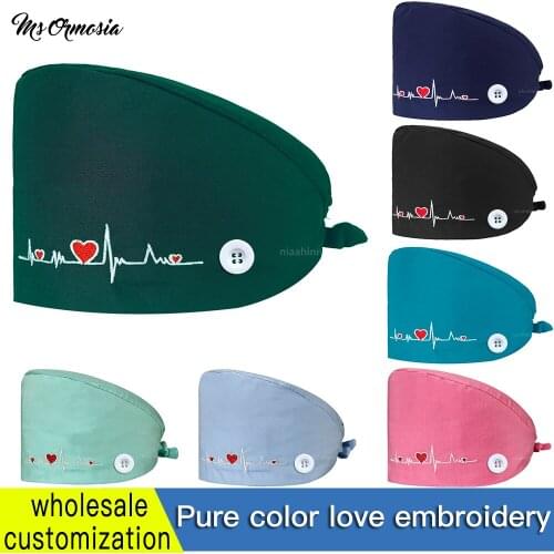 New Unisex Scrubs Hats with Button Women Men Heart Printed Reuseable Casual Hats Bandage Adjustable Caps Washable Working Caps