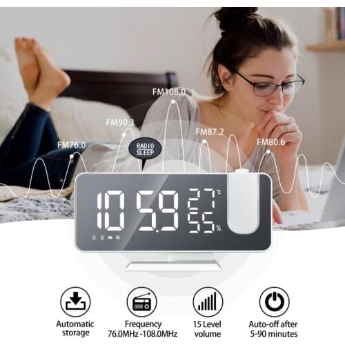 LED Digital Alarm Clock Radio Projection Portable With Temperature Humidity Mirror Clock Multifunctional Bedside Time Display