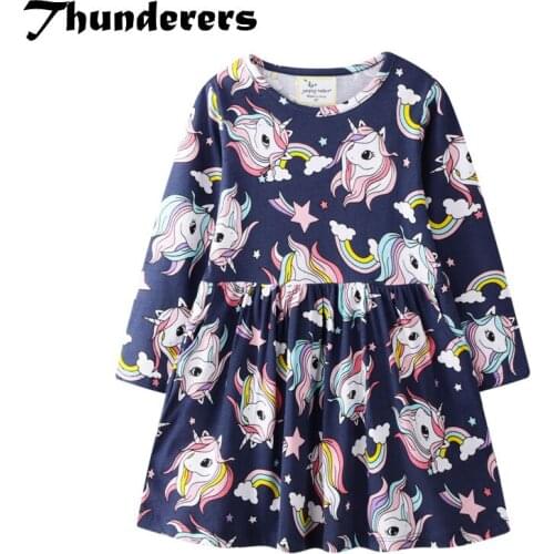 Thunderers Kids Princess Dress For Girls Long Sleeve Printed Cartoon Unicorn Girl Party Dresses Spring Autumn Baby Dress 2T-7T