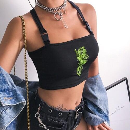 Chinese Style Streetwear Crop Top Women Cami Dragon Embroidery Buckle Criss-Cross Summer Top 2019 Short Festival Tops