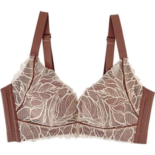 High-end French leaf butterfly retro lace unrimmed underwear for women thin large breasts show small cluster top bra