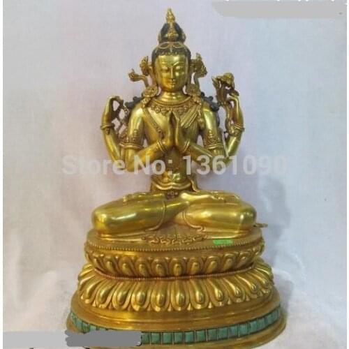 Xd 00661 Tibet 100% Bronze 24k gold inlay Turquoise Four-arm Kwan-Yin Buddha Statue