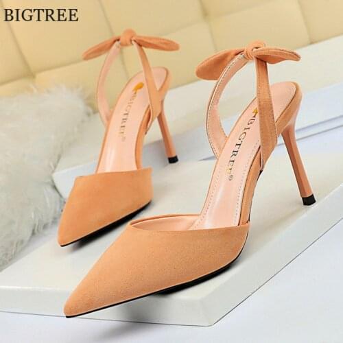 Back Strap Small Bowknot Women Sandals 2021 Soft Flock Side Hollow Dress Female Sandals Korean Pointed Concise High Heels Shoes