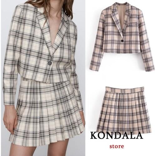 KONDALA Za Women Plaid Print Short Blazer Office Lady Fashion 2021 Button V Neck Women Jackets Long Sleeve England Style Outwear