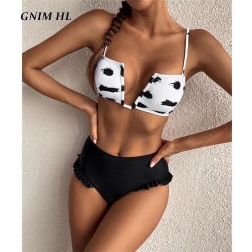 GNIM Sexy V Neck Bikini Swimwear Women Push Up 2021 Summer High Waist Ruffle Swimsuit 2 Pieces Cow Print Swimming Suit For Women