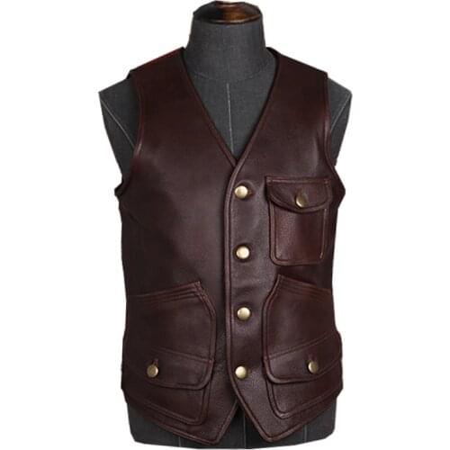 Mens Genuine Leather Cowhide Vest Men Real Leather Vintage Sleeveless Jackets Slim Fit Motorcycle Biker Vests Casual Waistcoat