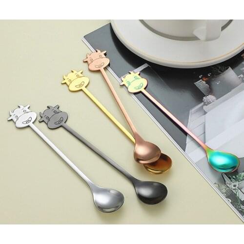 1PC Cute Stainless Steel Coffee Spoon Cattle Pattern Vacuum Plating Long Handle Tea Spoons Kitchen Hot Drinking Flatware