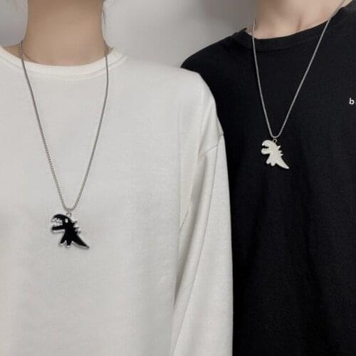 Cartoon Paired Dinosaur Couple Necklace Ins Creative Pendant Gift for Teen Girls Black White Original Sweater Chain