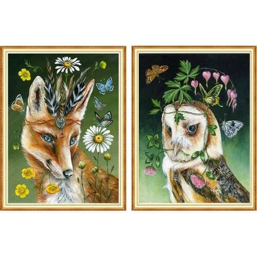 5D Diamond Painting Flower Owl and Fox Full Drill by Number Kits for Adults, Garland and Butterfly Owl Fox Paint with Diamonds A