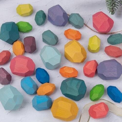 Childrens Wooden Colored Stone Jenga Building Block Educational Toy Creative Nordic Style Stacking Game Rainbow Wooden Toy Gift