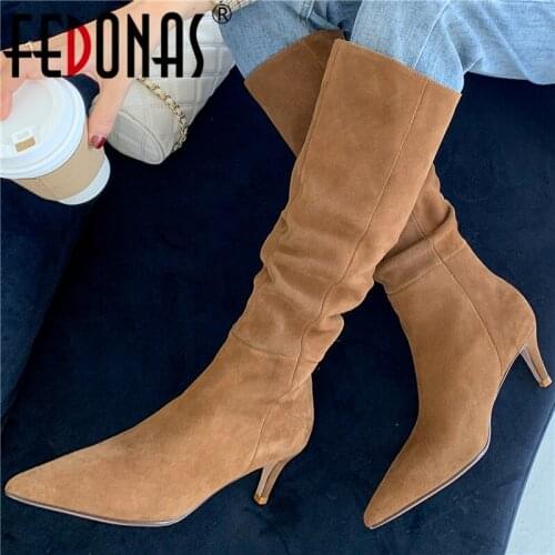 FEDONAS Full Cow Suede Leather Women Knee-High Boots Pointed Toe Thin Heels Fashion Concise Sexy Autumn Winter Party Shoes Woman