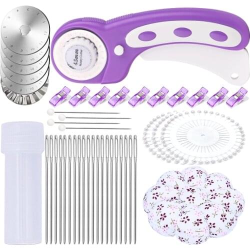 LMDZ 45mm Purple Rotary Cutter Patchwork Dressmaking Positioning Needles Large Eye Needle Clips Sewing Supplies Tool