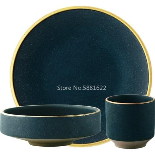 Ceramic Gold Inlay Plates Steak Food Dish Nordic Style Retro Tableware Bowl Ins Dinner Plate Cup High End Dinnerware Set