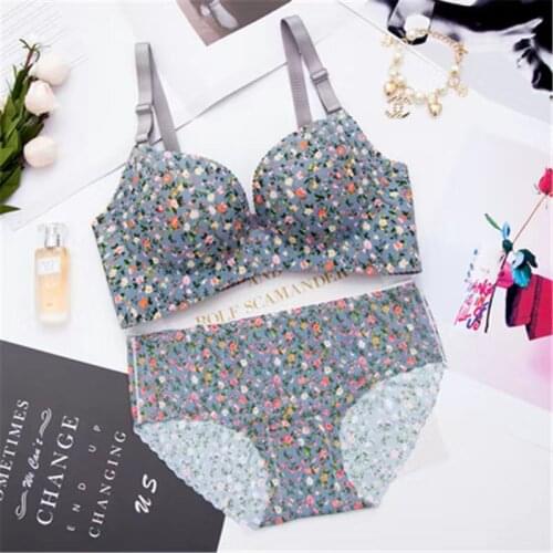 Seamless Bra Set for Women Underwear Push Up Lingerie Set Flower Print Wire Free Bra and Panty Set Female Big Size Intimates