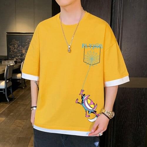 2021 Summer New Style O-Neck Top Cartoon Base Shirt Short-Sleeved Mens Fake Two-Piece Korean Fashion Loose Print Shirt Youth