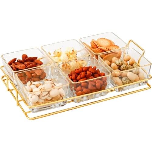 Small Phnom Penh Grid Snack Tray Candy Dessert Nuts Plate Glass Dry Fruits Dishes Home Desktop Metal Frame Serving Snack Plates
