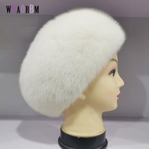 New style Womens mink Beret imported whole skin 100% mink hat high quality adjustable fur hat to keep warm