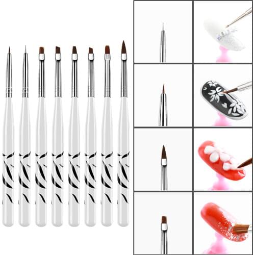 8pcs Nail Art Brush Pen Dotting Painting Drawing UV Gel Brush Flat Extension Builder Coating UV Gel Polish Tips Manicure Tools