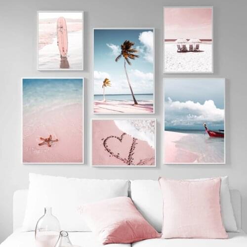 Pink Tropical Beach Surfboard Palm Starfish Wall Art Canvas Painting Nordic Posters And Prints Pictures For Living Room Decor