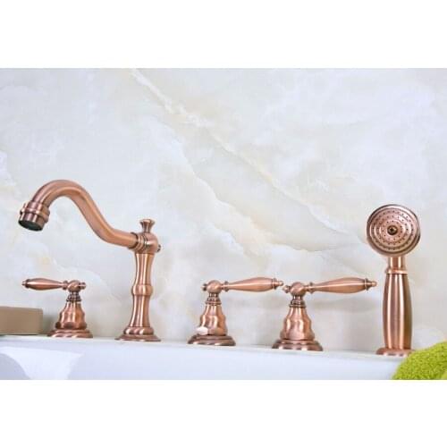 Antique Red Copper Brass Deck 5 Holes Bathtub Mixer Faucet Handheld Shower Widespread Bathroom Faucet Set Basin Water Tap atf230