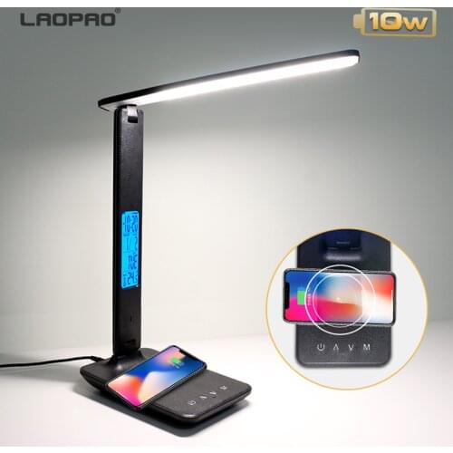 LAOPAO 10W QI Wireless Charging LED Desk Lamp With Calendar Temperature Alarm Clock Eye Protect Study Business Light Table Lamp