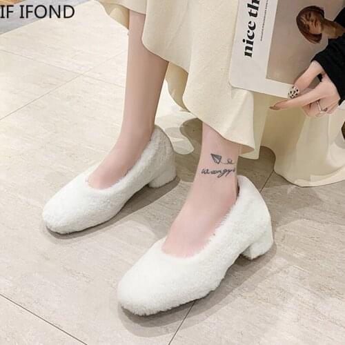 IF IFOND Winter Women Shoes Thick Warm Plush Pumps Female Slip on Work Shoe Zapatillas Mujer Casual Low Heels Wedding Shoes 2020