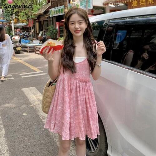 Designed Sweet Sleeveless Mini Dress Women Spaghetti Strap Printed Loose Waist V-neck Backless Dresses Girls All-match Summer