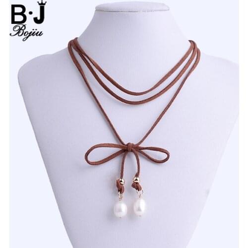 BOJIU Leather Necklace For Women Natural Pearl Pendant Choker Bow Tie Double Pearls Genuine Leather Women necklace NKS026