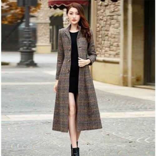 High quality Harajuku style receive waist womens coat temperament autumn and winter long section slim lattice woolen coat