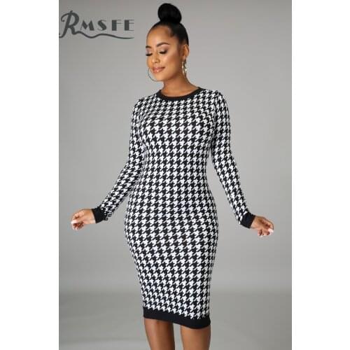 RMSFE 2021 European And American Womens Long Sleeve Round Neck Sexy Print Slim And Buttock Dress