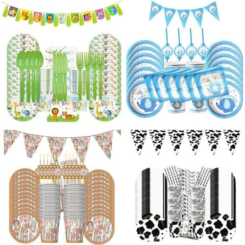 1set Jungle Animal Party Supplies Disposable Tableware Set Boy Birthday Party Decoration Paper Plate Cup Combination Baby Shower