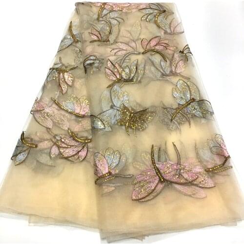 2021 African Lace Fabric 5 Yards High Quality with Sequins Embroidery Nigerian Lace Fabrics for Dress M22821 French Tulle Lace