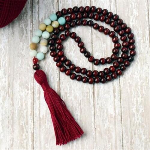 8mm Amazonite Sandalwood 108 Beads Handmade Tassel Necklace Japa Religious Meditation Prayer Yoga Buddhism Tibetan Classic Mala