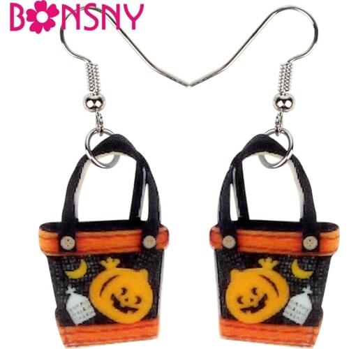 Bonsny Acrylic Happy Halloween Pumpkin Handbag Earrings Drop Dangle Elegant Cute Jewelry For Women Girls Teens Gift Accessories