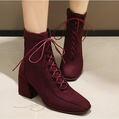 New splicing elastic nude boots ladies square high-heeled elastic ankle boots fashion cross tied suede zipper womens shoes