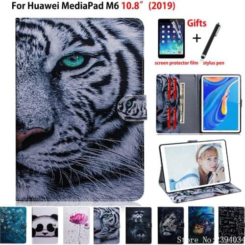 Tiger pattern Case for Huawei Mediapad M6 10.8 PRO SCM-W09 SCM-AL09 2019 Cover Funda Tablet PU Leather Stand Shell Capa +Gift