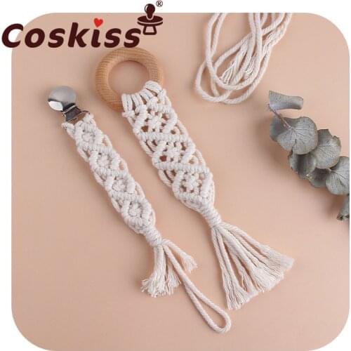Coskiss 1set Baby Wooden Teether Pacifier Clip Chain Hand-woven Rope Crochet Beads Rodent Soother Clip Baby Shower Gift