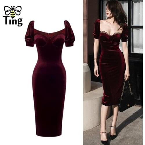 Tingfly Vintage Elegant Velvet Red Color Midi Long Party Night Dresse Bodycon Sexy Curve Slim Hot Dress Elbise Zaful Robes Traf