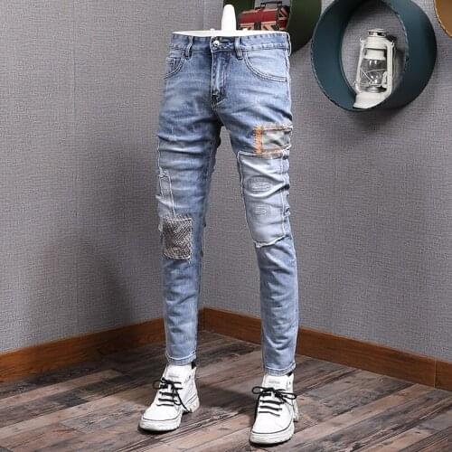 American Street Fashion Men Jeans Retro Light Blue Elastic Slim Ripped Jeans Men Embroidery Patches Designer Hip Hop Denim Pants