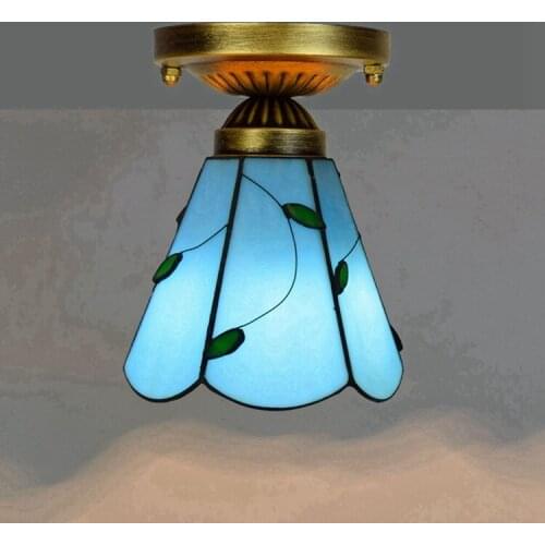 European Style 6-Inch 15cm Tiffany Colored Glass Corridor Balcony Small Ceiling Lamp Mediterranean Blue Leaves