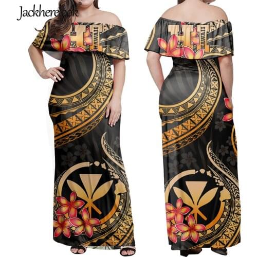 Jackherelook Women Off Shoulder Long Maxi Dress Vintage Polynesian Tribal Hawaii Plumeria Layered Ruffle Neck Evening Party Robe