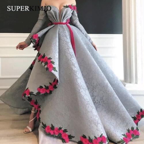 SuperKimJo Vestido Graduacion Largo Vintage Prom Dress Ball Gown Gray Embroidery Flower Lace Elegant Luxury Prom Gown