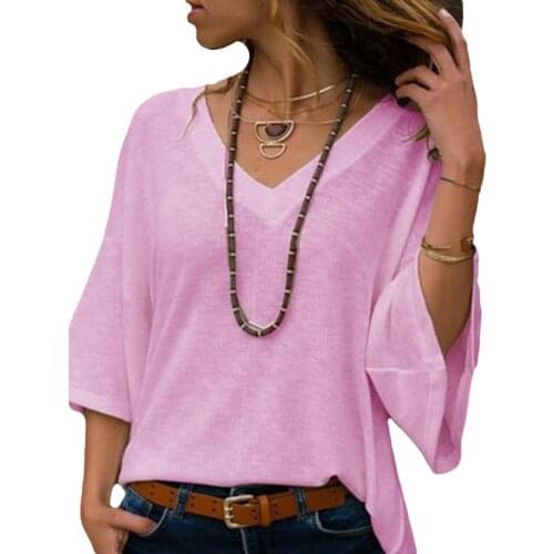 Fashion Women Solid Color V Neck 3/4 Sleeve Causal Loose T-shirt Knitwear