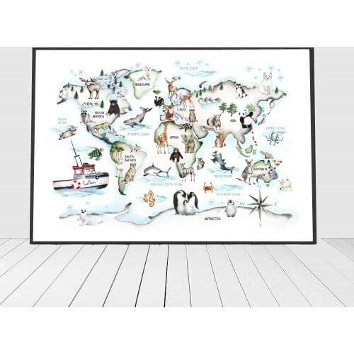 Cartoon Animals World Map Wall Pictures for kids Room Office Home Decoration Nursery Posters and Prints Art Baby Cnavs Painting
