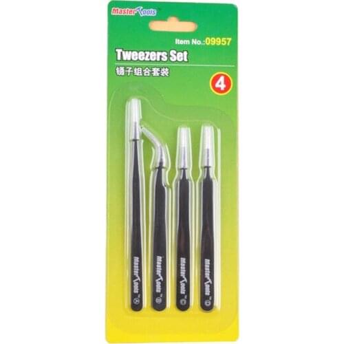 Trumpeter 09957 Model Craft Master Tools Tweezers Set(4pcs: Long Straight, Short Straight,Curved &Flat End)