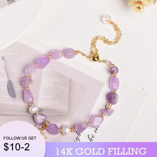 2022 New 14KGF Women Natural Stone Amethysts Bracelet Layers Beaded Purple Crystal Charm Bangle Jewelry