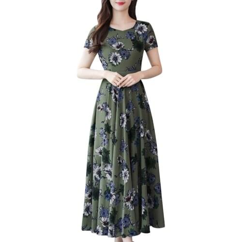 Round Collar Dresses Fashion Women Summer Retro Print Lady Elegant Loose Large Casual Mid-calf O-neck Dress Vintage Sukienka